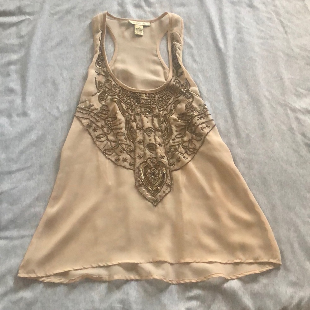 Arden B Tan Sheer Beaded Tank